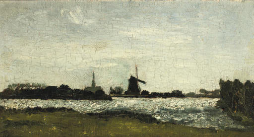 River landscape with steeple and mill.